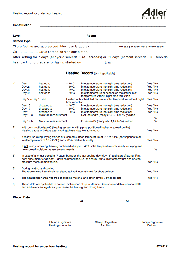 Heating report for underfloor heating systems
