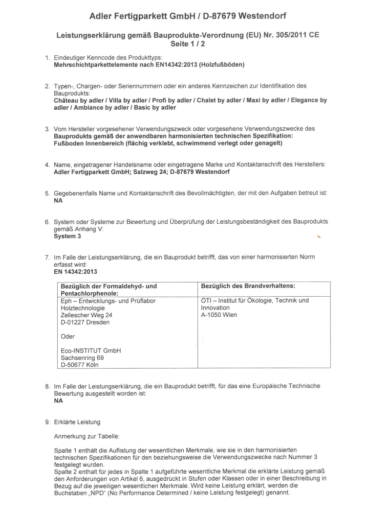 Leistungserklärung gemäß Bauprodukte-Verordnung